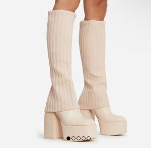 LEILA LAYERED KNIT DETAIL SQUARE TOE PLATFORM BLOCK HEEL NUDE FAUX LEATHER Sz:9